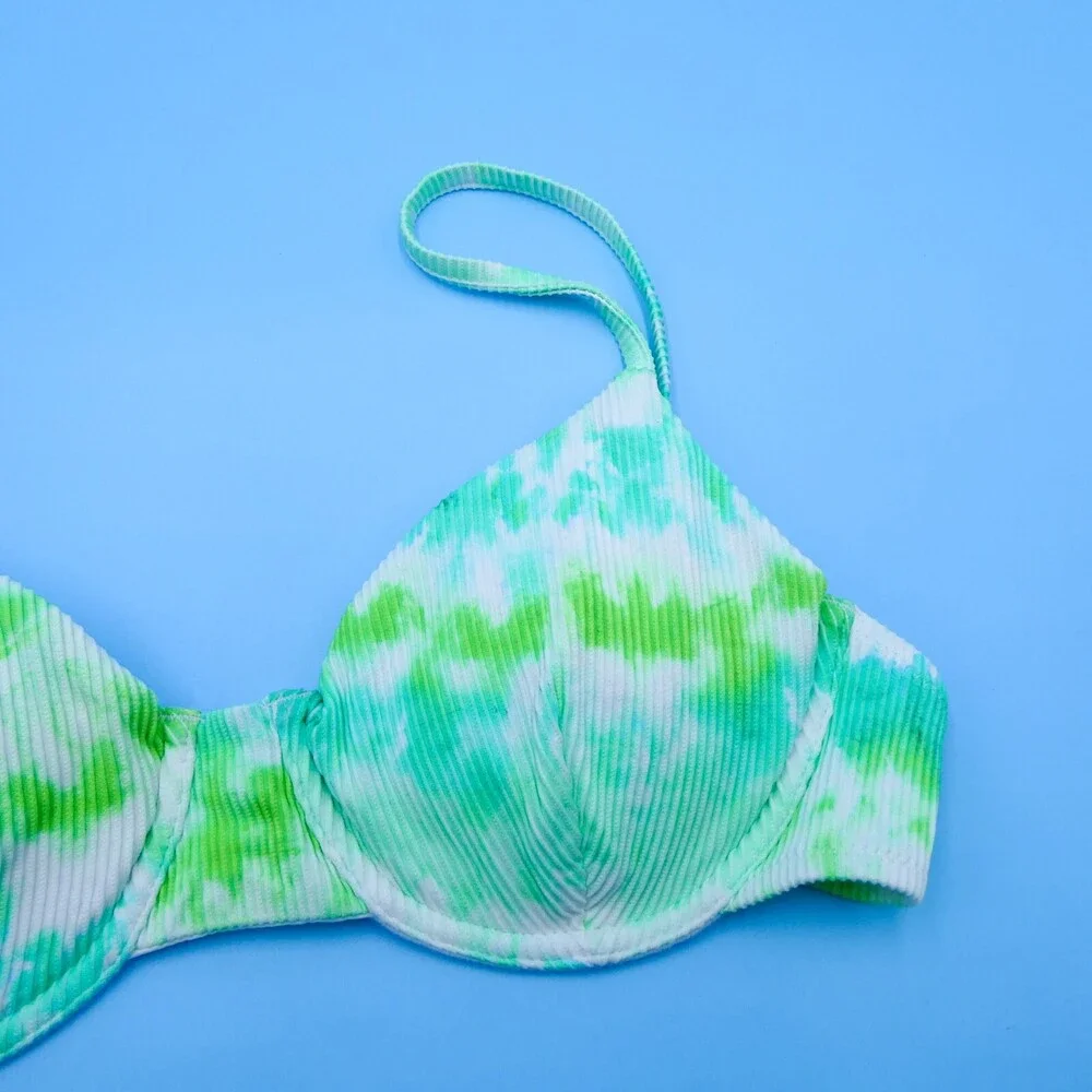 Victorias Secret Green Tie Dye Ribbed Large Underwired‎ Padded Bikini Top VS New